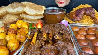 ASMR EATING PURI MUTTON CURRYEGG CURRYCHICKEN BIRYANIGULAB JAMUN [upl. by Nosreffej]