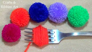 Super Easy Pom Pom Making Ideas with Fork  Hand Embroidery Amazing Trick Easy Woolen Flower Making [upl. by Hutton]