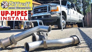 2001 F350 73  RiffRaff UpPipes Install  Stock up pipes leaking and falling apart JUNK SP [upl. by Haily686]