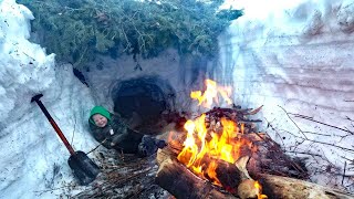 Deep Snow Primitive Survival Camping in Mountains  Campfire Cooking on Shovel [upl. by Yleek45]