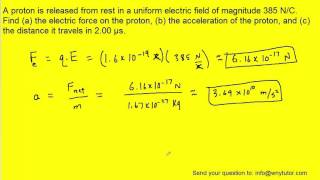 A proton is released from rest in a uniform electric field of magnitude 385 NC Find a the electr [upl. by Lleze]